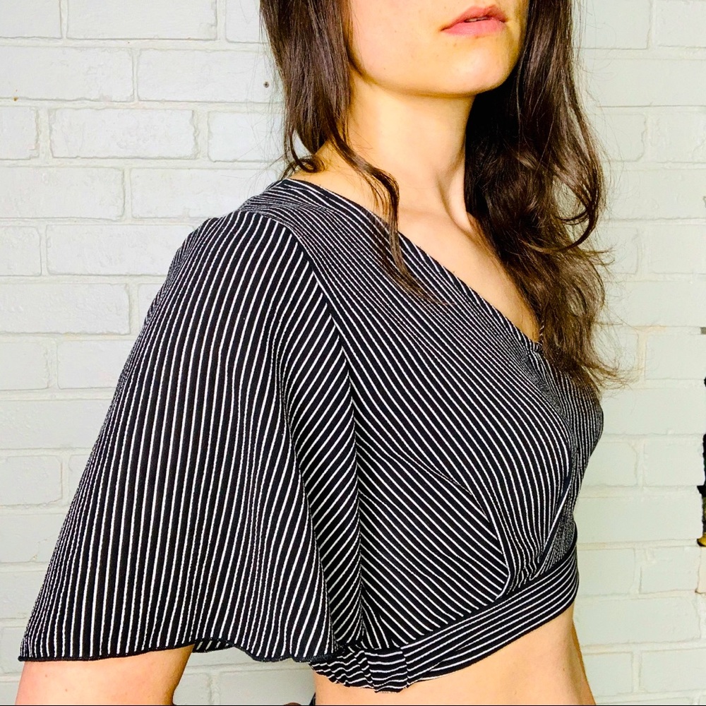 Velvet Torch Black Pin Stripe Flutter Short Sleeve Crop Smal